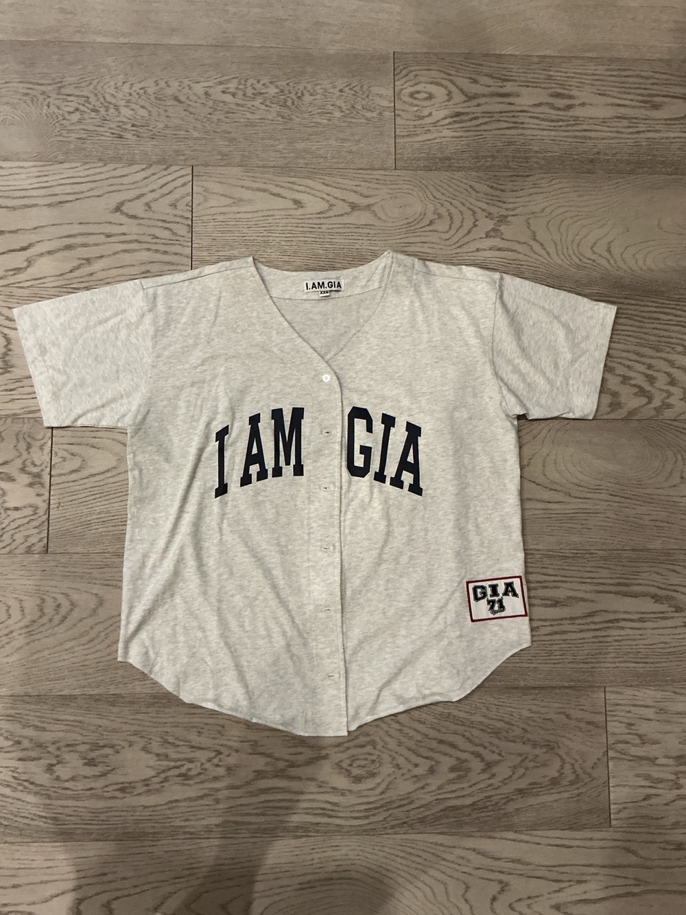 I.AM.GIA Light Gray Baseball Jersey Top with Navy Logo